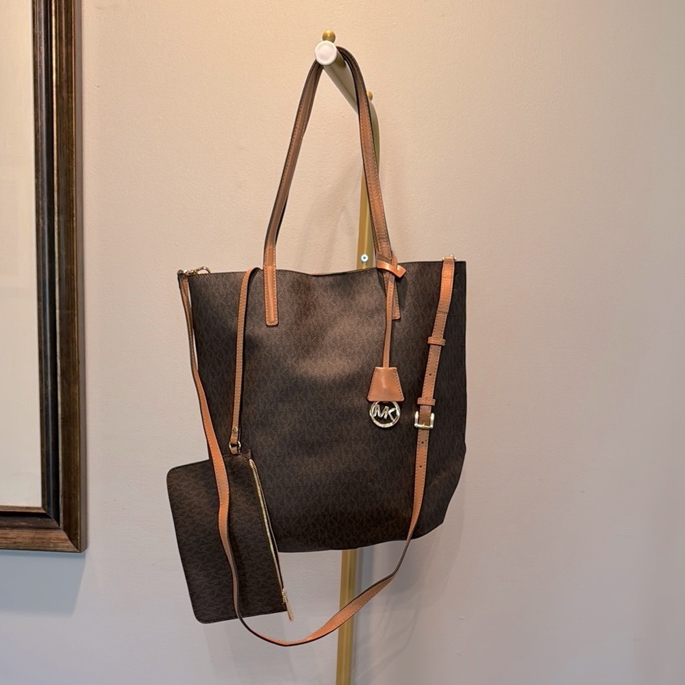 Michael Kors Brown and Tan Logo Tote with Matching Wristlet